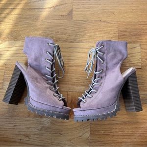 Liliana Women’s Open Toe Platform Booties Laces Chunky Heel Dusty Pink Size 5.5